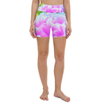 Yoga Shorts for Women, Stunning Double Pink Peony Flower Detail