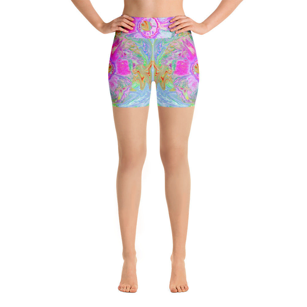 Yoga Shorts for Women, Psychedelic Hot Pink and Ultra-Violet Hibiscus
