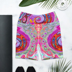 Yoga Shorts for Women, Groovy Abstract Retro Hot Pink and Blue Swirl