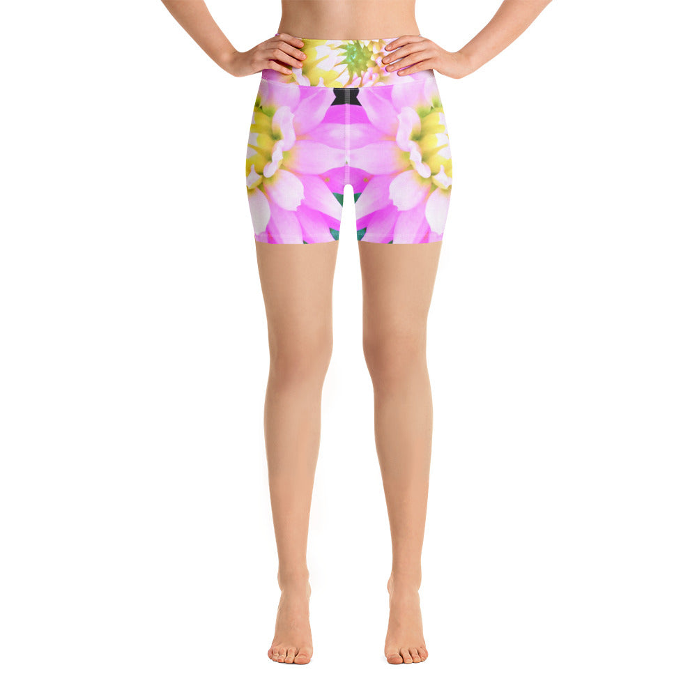 Yoga Shorts for Women, Pretty Pink, White and Yellow Cactus Dahlia Macro
