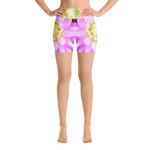 Yoga Shorts for Women, Pretty Pink, White and Yellow Cactus Dahlia Macro