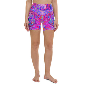 Yoga Shorts for Women, Retro Purple and Orange Abstract Groovy Swirl