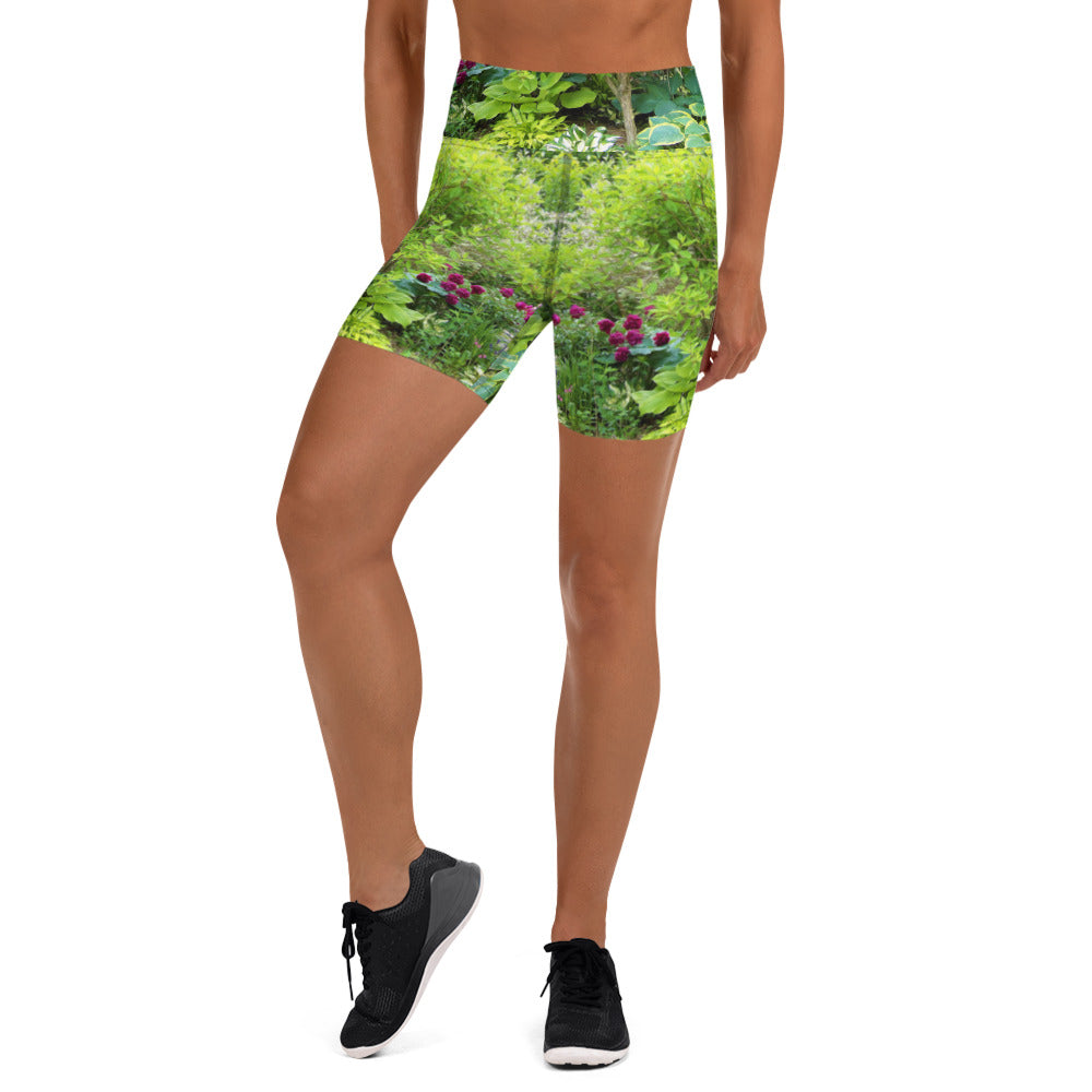 Floral Yoga Shorts, Beautiful Green Garden Landscape with Hostas