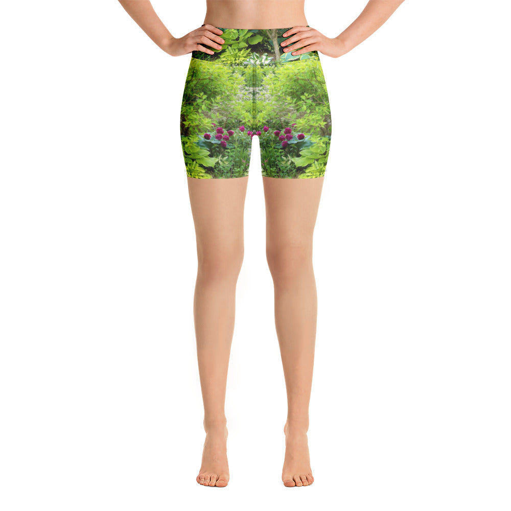 Floral Yoga Shorts, Beautiful Green Garden Landscape with Hostas