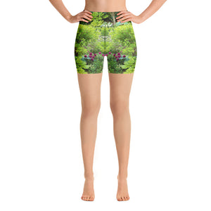 Floral Yoga Shorts, Beautiful Green Garden Landscape with Hostas