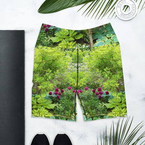 Floral Yoga Shorts, Beautiful Green Garden Landscape with Hostas