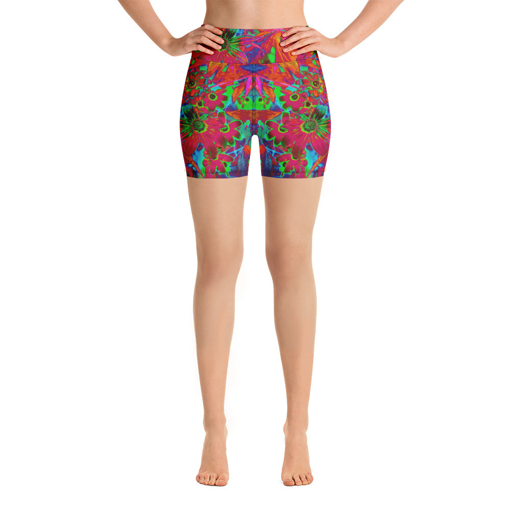 Yoga Shorts for Women, Psychedelic Groovy Red and Green Wildflowers
