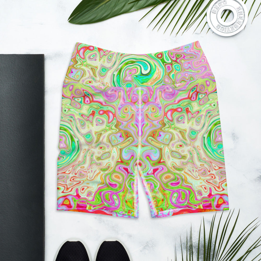 Colorful Yoga Shorts For Women, Groovy Abstract Retro Pastel Green Liquid Swirl