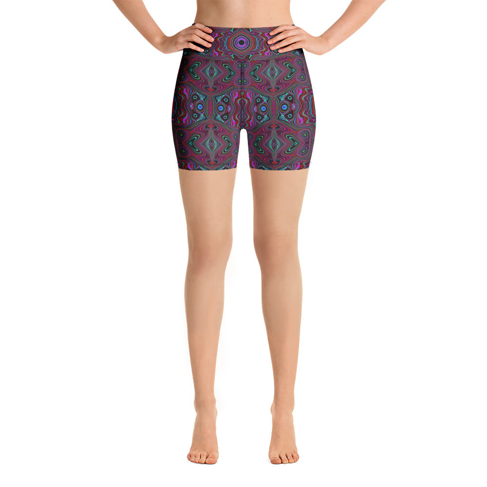 Yoga Shorts for Women, Trippy Seafoam Green and Magenta Abstract Pattern