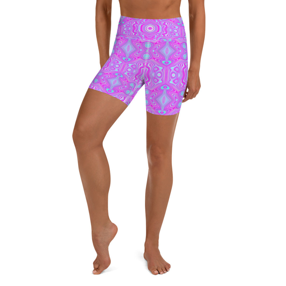 Yoga Shorts for Women, Trippy Hot Pink and Aqua Blue Abstract Pattern