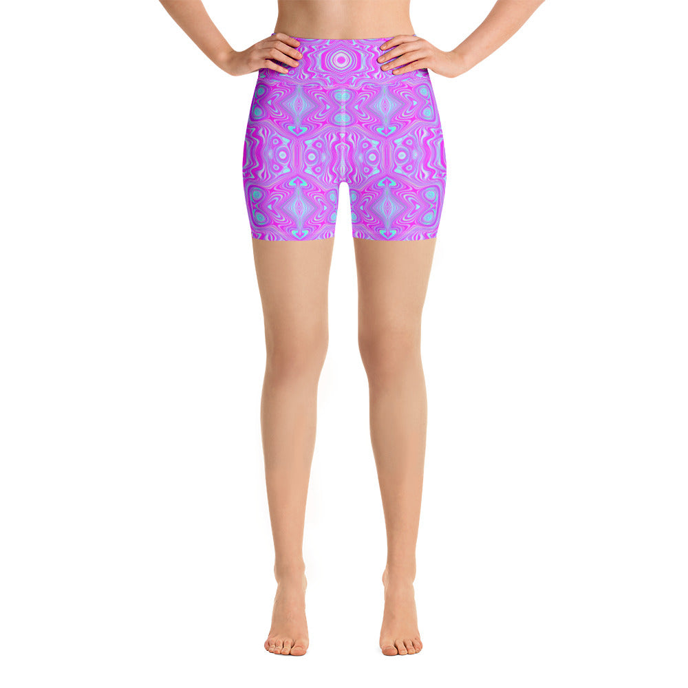 Yoga Shorts for Women, Trippy Hot Pink and Aqua Blue Abstract Pattern