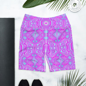 Yoga Shorts for Women, Trippy Hot Pink and Aqua Blue Abstract Pattern