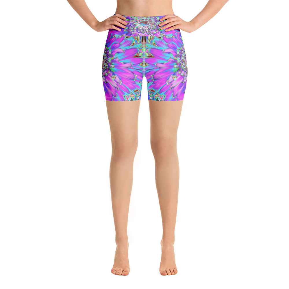 Yoga Shorts for Women, Trippy Abstract Aqua, Lime Green and Purple Dahlia