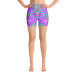 Yoga Shorts for Women, Trippy Abstract Aqua, Lime Green and Purple Dahlia