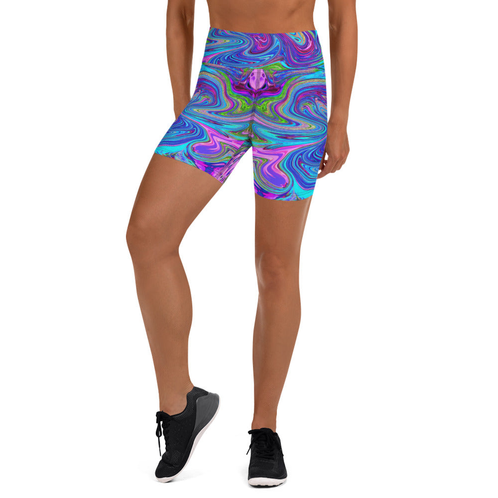 Yoga Shorts for Women, Blue, Pink and Purple Groovy Abstract Retro Art