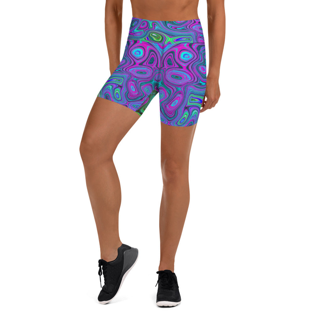 Yoga Shorts for Women, Marbled Magenta and Lime Green Groovy Abstract Art