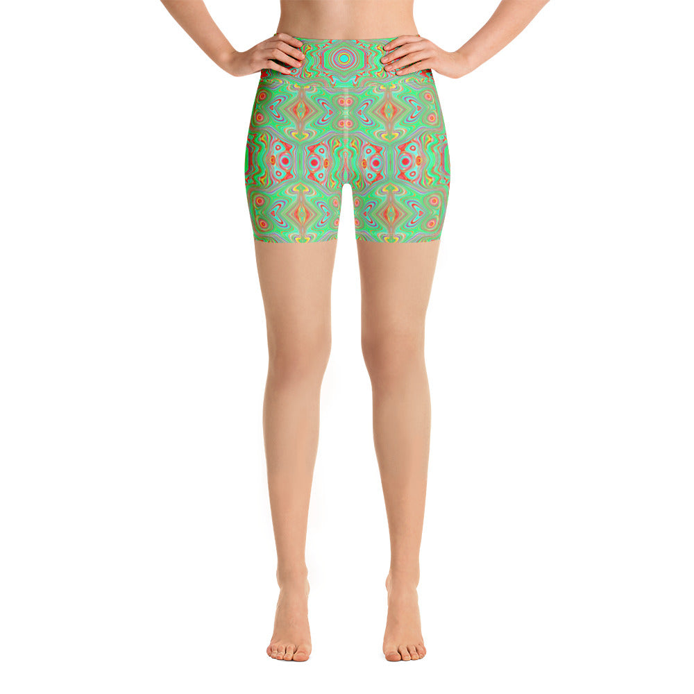 Yoga Shorts for Women, Trippy Retro Orange and Lime Green Abstract Pattern