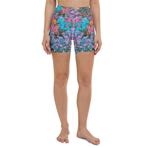 Yoga Shorts for Women, Abstract Coral, Pink, Green and Aqua Garden Foliage