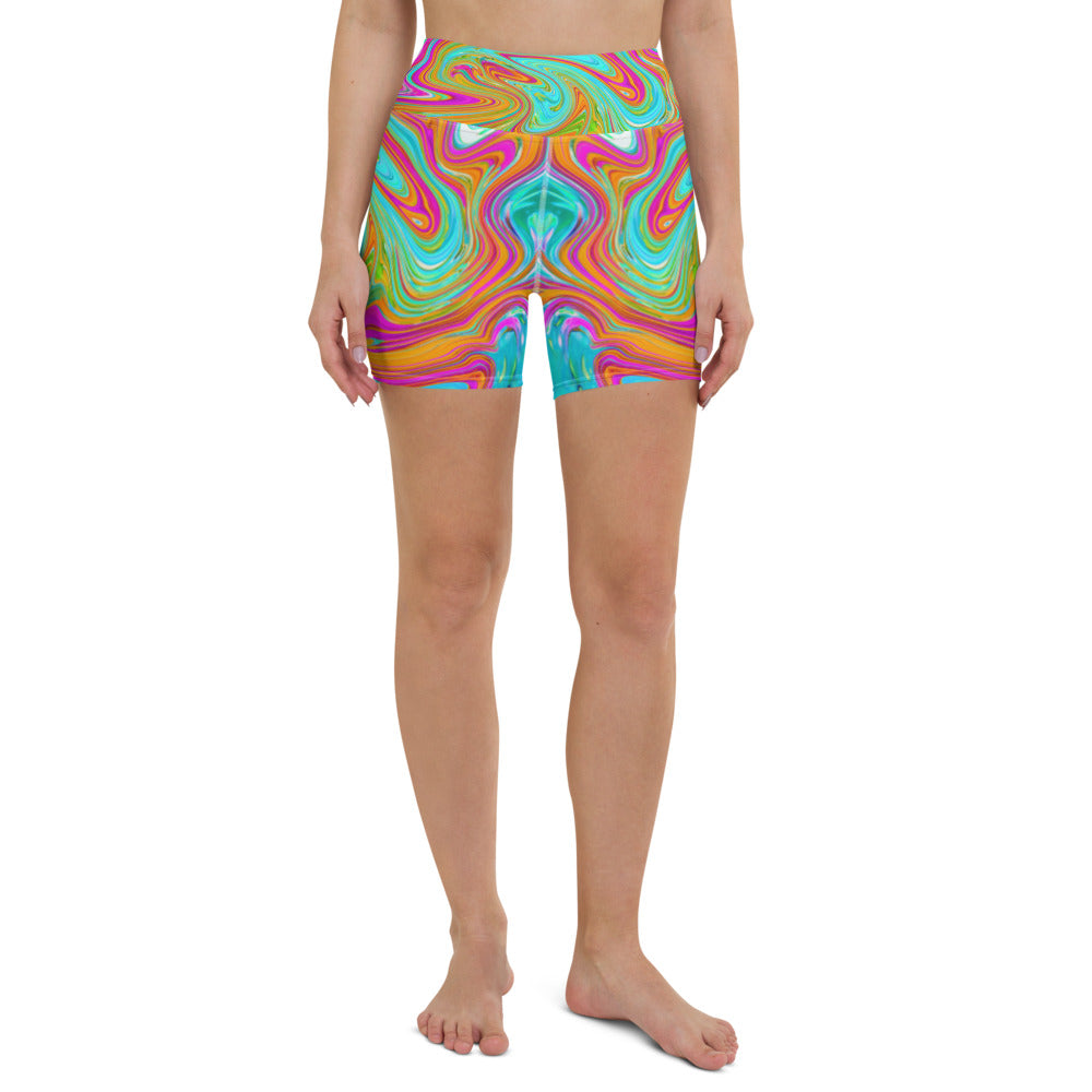 Yoga Shorts for Women, Blue, Orange and Hot Pink Groovy Abstract Retro Art