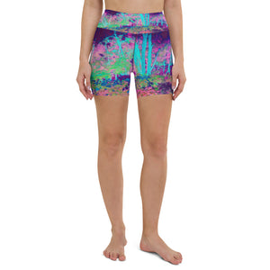 Yoga Shorts for Women, Impressionistic Purple and Hot Pink Garden Landscape