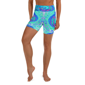 Yoga Shorts for Women, Groovy Abstract Ocean Blue and Green Liquid Swirl