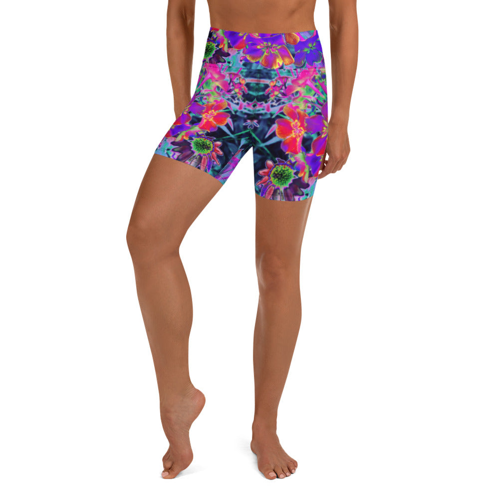 Yoga Shorts for Women, Dramatic Psychedelic Colorful Red and Purple Flowers