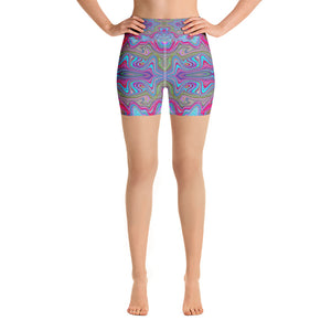 Yoga Shorts, Wavy Sky Blue Multicolored Trippy Pattern