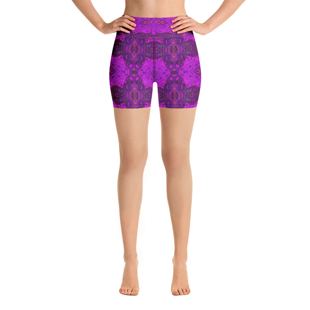 Yoga Shorts, Abstract Magenta and Black Groovy Pattern