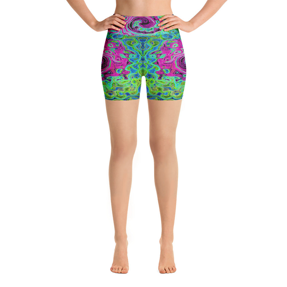 Yoga Shorts, Hot Pink and Blue Groovy Abstract Retro Liquid Swirl