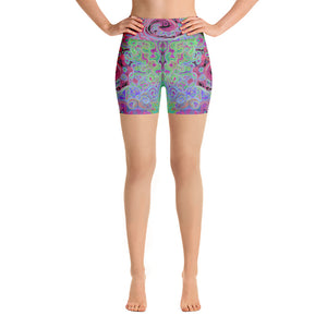 Yoga Shorts - Pink and Lime Green Groovy Abstract Retro Swirl