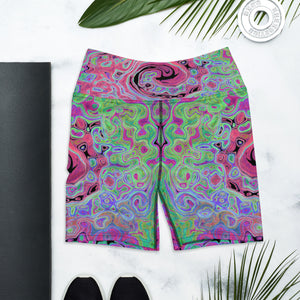 Yoga Shorts - Pink and Lime Green Groovy Abstract Retro Swirl