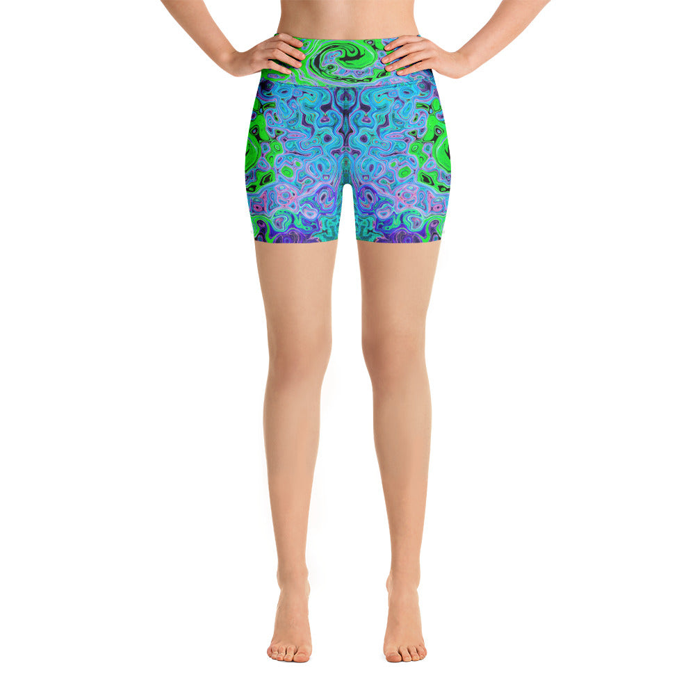 Yoga Shorts - Lime Green Groovy Abstract Retro Liquid Swirl