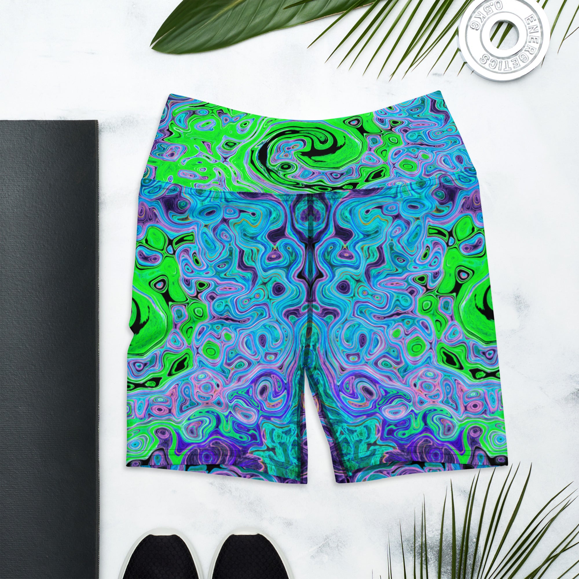 Yoga Shorts - Lime Green Groovy Abstract Retro Liquid Swirl