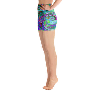 Yoga Shorts for Women, Retro Green, Red and Magenta Abstract Groovy Swirl