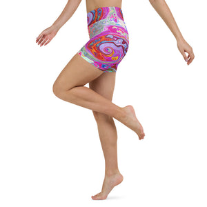 Yoga Shorts for Women, Groovy Abstract Retro Hot Pink and Blue Swirl