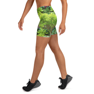 Floral Yoga Shorts, Beautiful Green Garden Landscape with Hostas