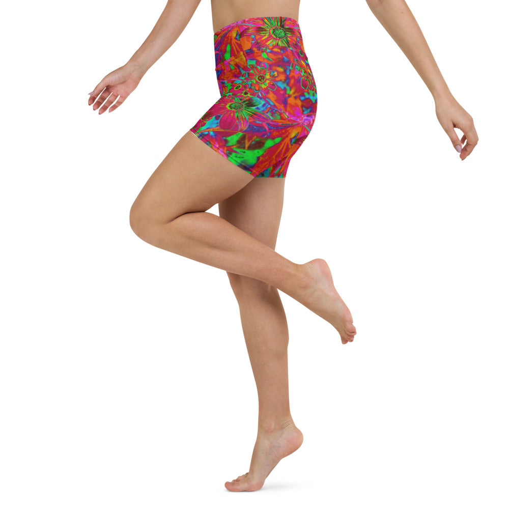 Yoga Shorts for Women, Psychedelic Groovy Red and Green Wildflowers
