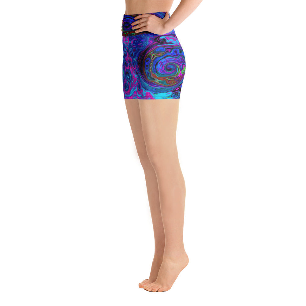 Yoga Shorts for Women, Groovy Abstract Retro Blue and Purple Swirl