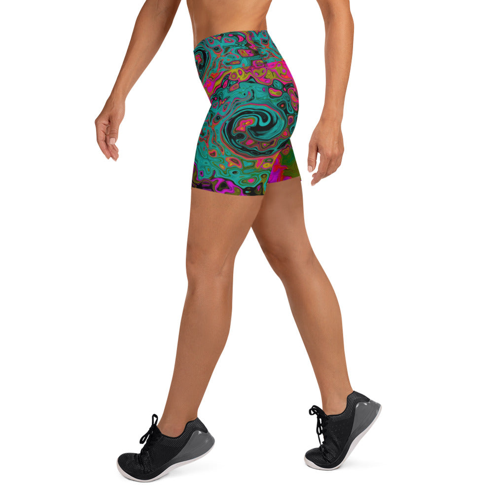Yoga Shorts for Women, Trippy Turquoise Abstract Retro Liquid Swirl