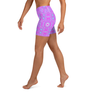 Yoga Shorts for Women, Trippy Hot Pink and Aqua Blue Abstract Pattern