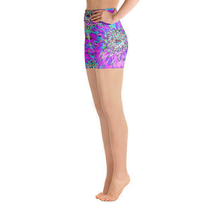 Yoga Shorts for Women, Trippy Abstract Aqua, Lime Green and Purple Dahlia