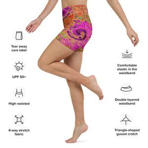 Yoga Shorts - Hot Pink Groovy Abstract Retro Liquid Swirl