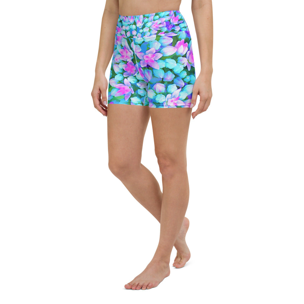 Yoga Shorts for Women, Blue and Hot Pink Succulent Sedum Flowers Detail