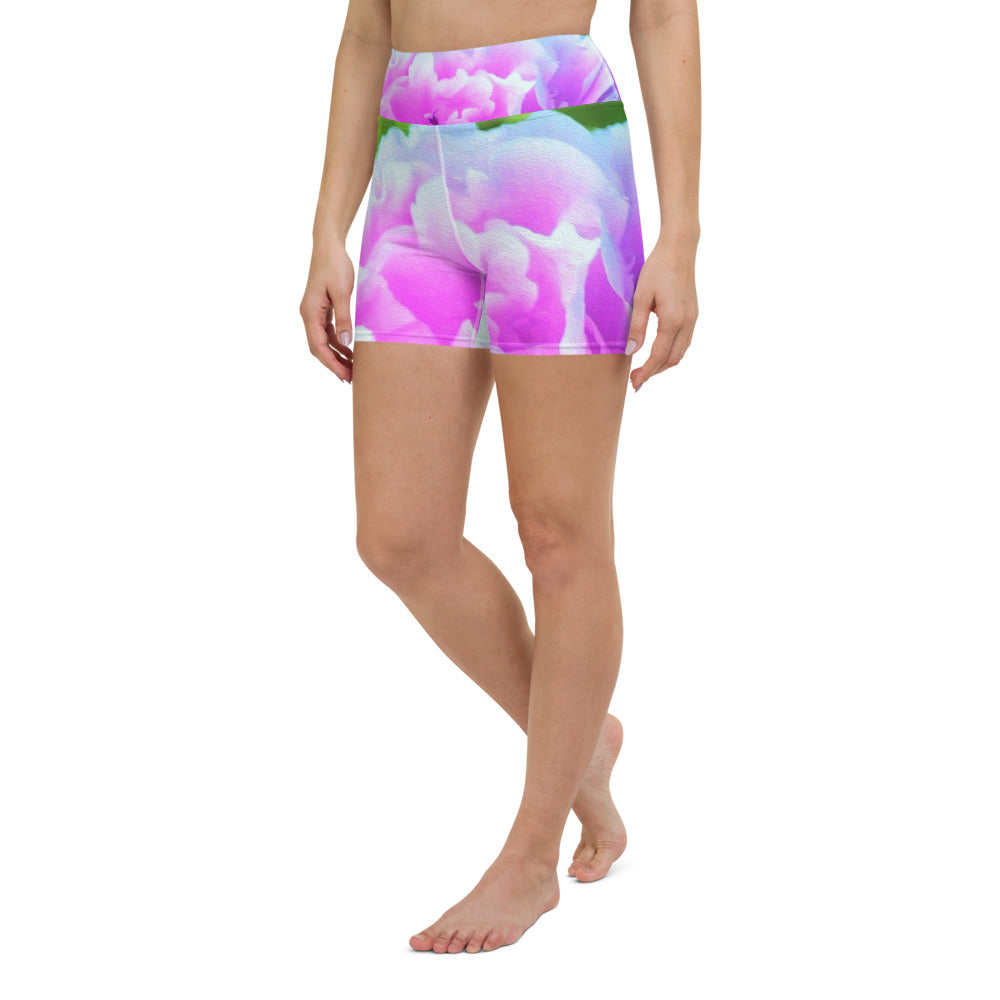 Yoga Shorts for Women, Stunning Double Pink Peony Flower Detail