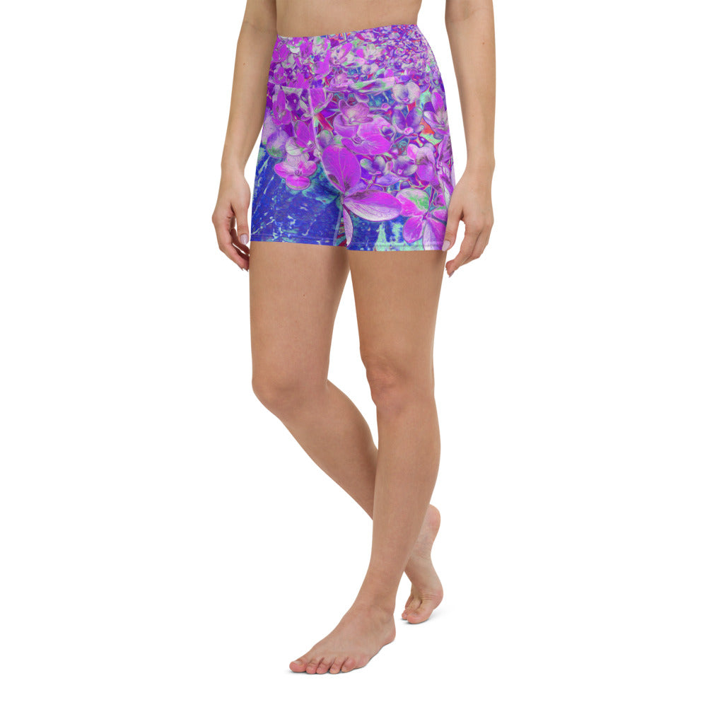 Yoga Shorts for Women, Elegant Purple and Blue Limelight Hydrangea