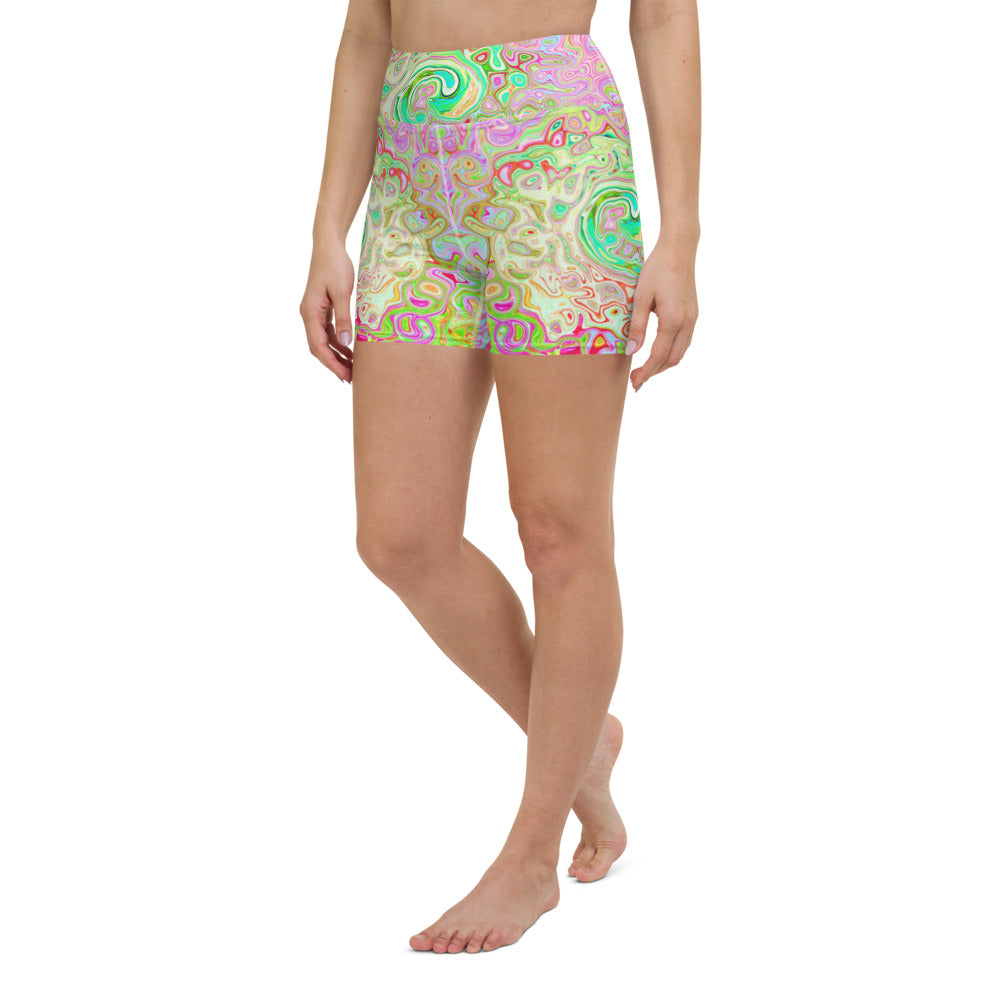 Colorful Yoga Shorts For Women, Groovy Abstract Retro Pastel Green Liquid Swirl