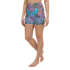 Yoga Shorts for Women, Abstract Coral, Pink, Green and Aqua Garden Foliage