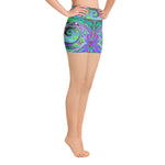 Yoga Shorts for Women, Retro Green, Red and Magenta Abstract Groovy Swirl