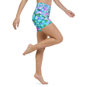 Yoga Shorts for Women, Blue and Hot Pink Succulent Sedum Flowers Detail