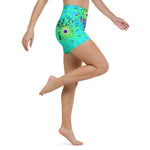 Yoga Shorts for Women, Aqua Cactus Dahlia Abstract Macro Flower